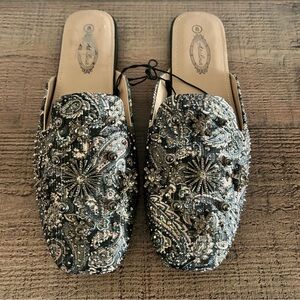 Atalina Blue Paisley Jacquard Loafer Mules Size 8 Starburst Beaded Celestial
